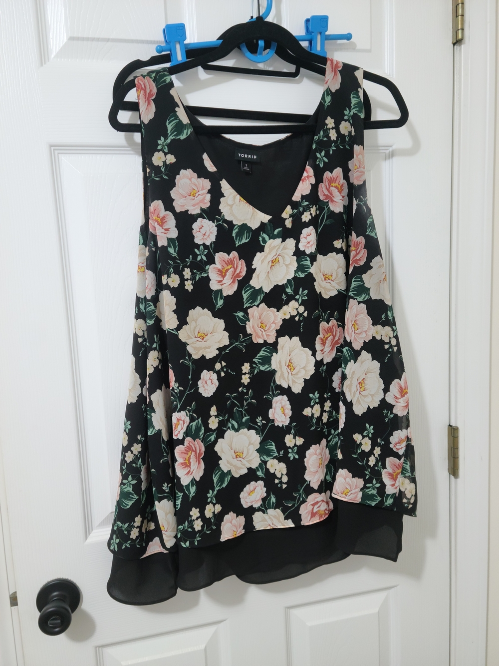torrid Black Floral V-Neck Tank with Pink and Cream Blooms